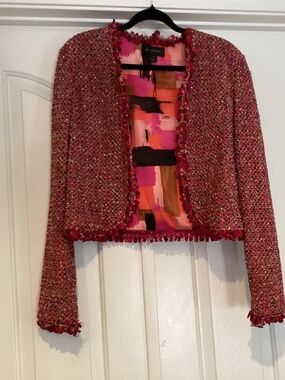 St John Evening Jacket, Size 10, Color Red/Gold Metallic Multi Color